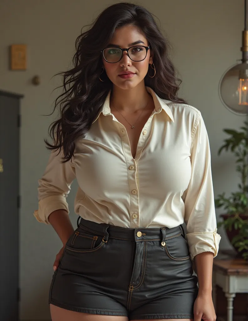 curvy woman, Brunette, 30 ans, thick glasses,  messy hair , giant chest, hanches larges, button up shirt and mini skirt