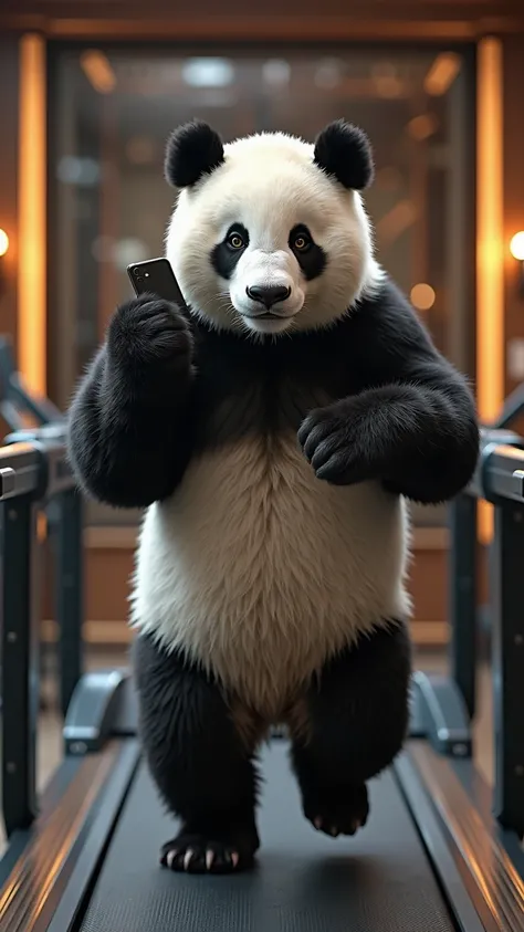 Create an ultra-realistic image of a black and white panda with its distinctive fluffy fur pattern. The panda should be walking on a treadmill in a luxurious gym, holding an iPhone to its ear as if engaged in an audio call. The gym should have high-end fit...