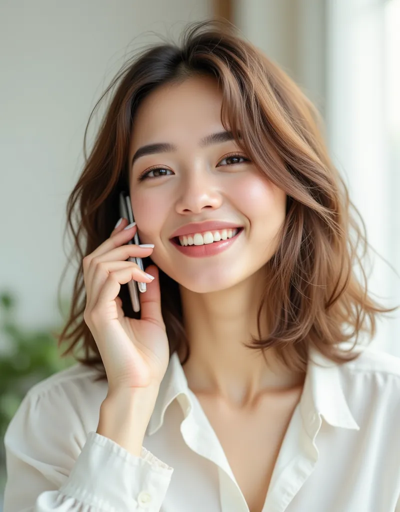 depicts a brightly smiling woman holding a smartphone in her right hand and holding it in her ear, As if you were on the phone. The woman has medium-length, straight brown hair.、 natural makeup . she wears a white blouse . The background is bright、 natural...