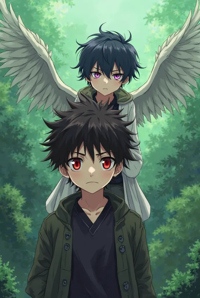 Draw an anime version of the greenish landscape in the background and in the center A  boy with black hair and crimson tuft and his empty crimson eyes and winged of him a person with bright purple eyes and dark blue hair with a soft confidence in his face