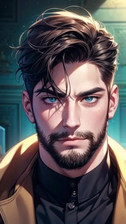 (  Idiot  ,4K,8k,     highres,  masterpiece:1.2),     ultra-detailed,(Realistic,photoRealistic,photo-Realistic:1.37),36-year-old man,3 day beard,cute anime ,Portraits,strong,masculine,     dark hair,sharp jaw,          mesmerizing eyes          ,     perfe...