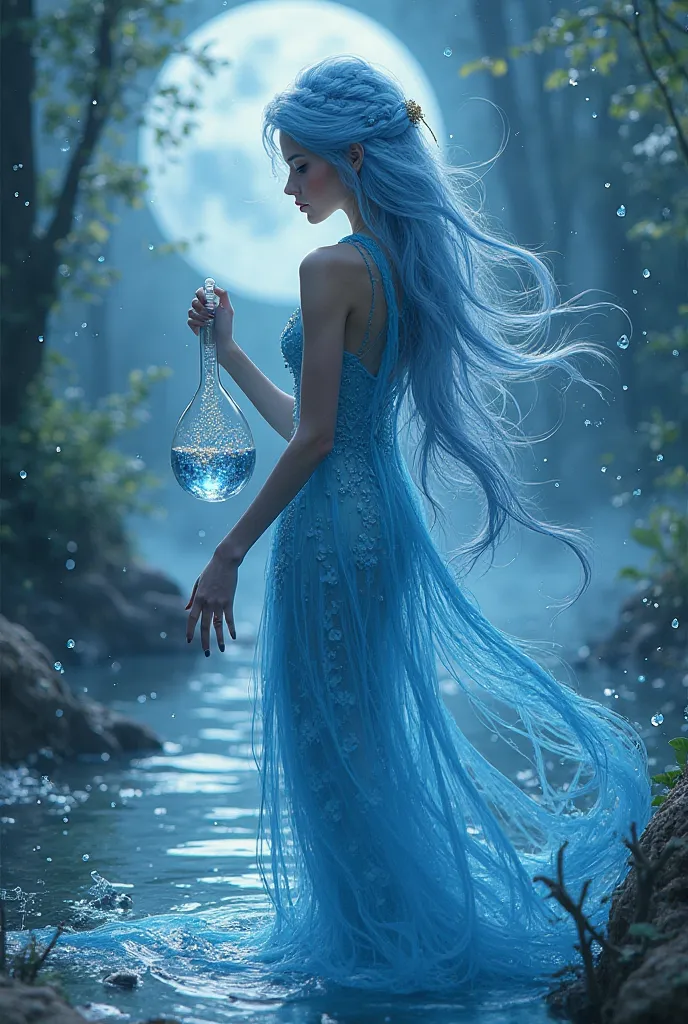 Aqua, the Fairy of Water – A graceful fairy with flowing blue hair and a dress made of rippling water. She holds a small crystal flask filled with magical water that sparkles in the moonlight.