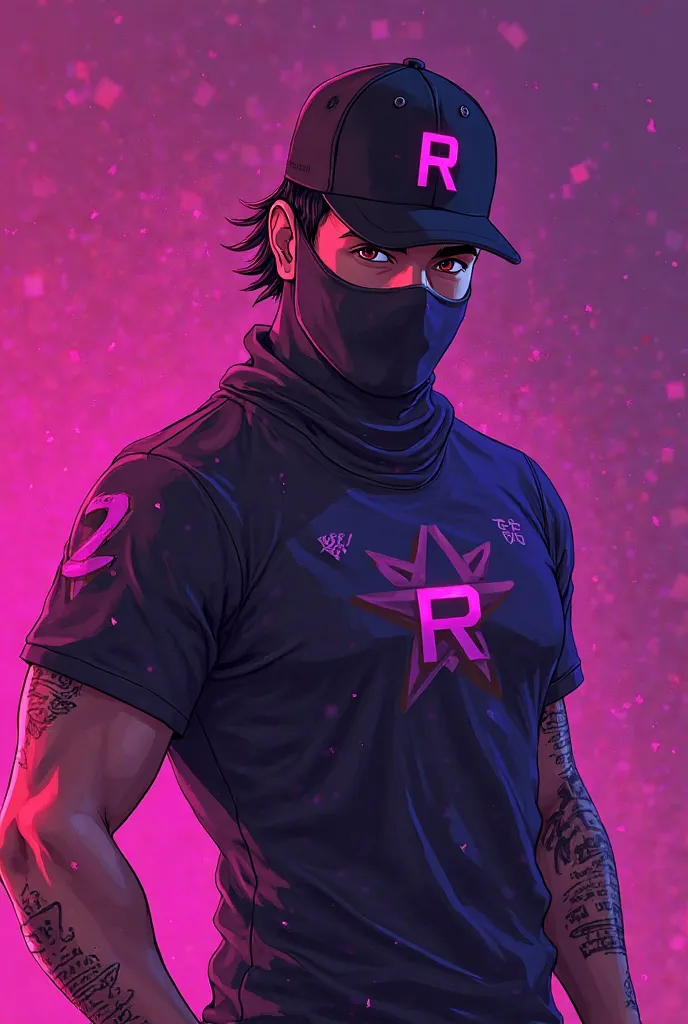 Game Free Fire style male character looking bright purple wearing a black cap with a letter "r" e máscara preta e uma camiseta 🎽 apertada sem manga preta e o branco direito com uma tatuagem de linhas preta e no peito direito uma símbolo de uma leão prata, ...