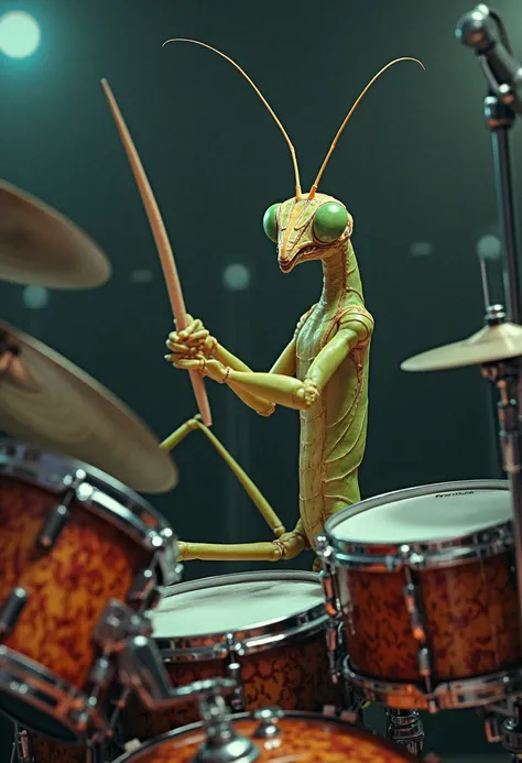 A Praying Mantis playing a drum set with intensity