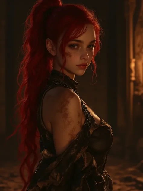 full shot of a slave girl, red ponytail long hair, worn out medieval clothes, collar with chain on her neck, dirty face and body, medieval room background, 8k, Masterpiece, dramatic lighting