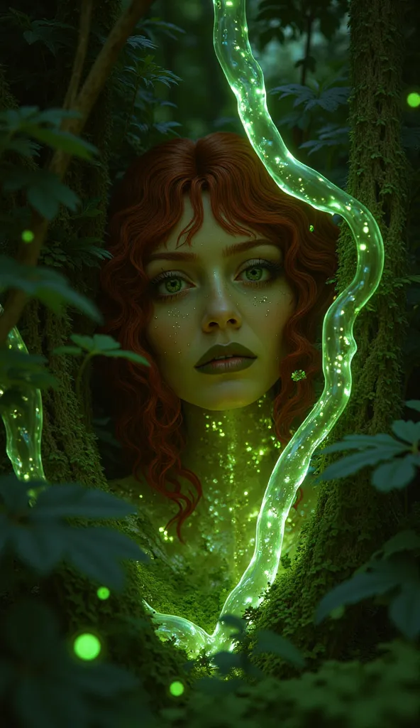 Redhead elf, green lipstick, hiding behind the liquid amorphous bioluminiscent tree, enchanted forest, mesmerizingly beautiful elf