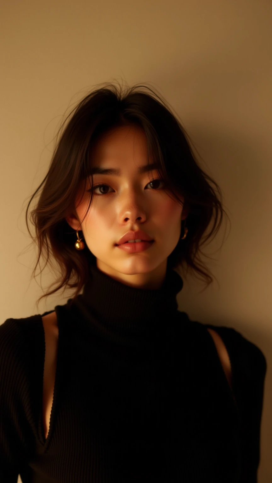 A cinematic medium shot of a young Latin woman with a sleek, slightly tousled bob. She has almond-shaped eyes, dark brown hair, and fair skin. She wears a black turtleneck sweater and a gold earring. The background is an off-white wall. The lighting is war...