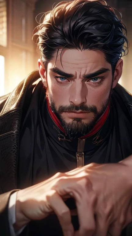 (    better quality,4K,8k,     highres,    masterpiece :1.2),     ultra-detailed    ,(Realistic,photoRealistic,photo-Realistic:1.37),36-year-old man,3 day beard,Beautiful anime,Portraits,strong,masculine,      with black hair  ,sharp jaw,         mesmerizi...