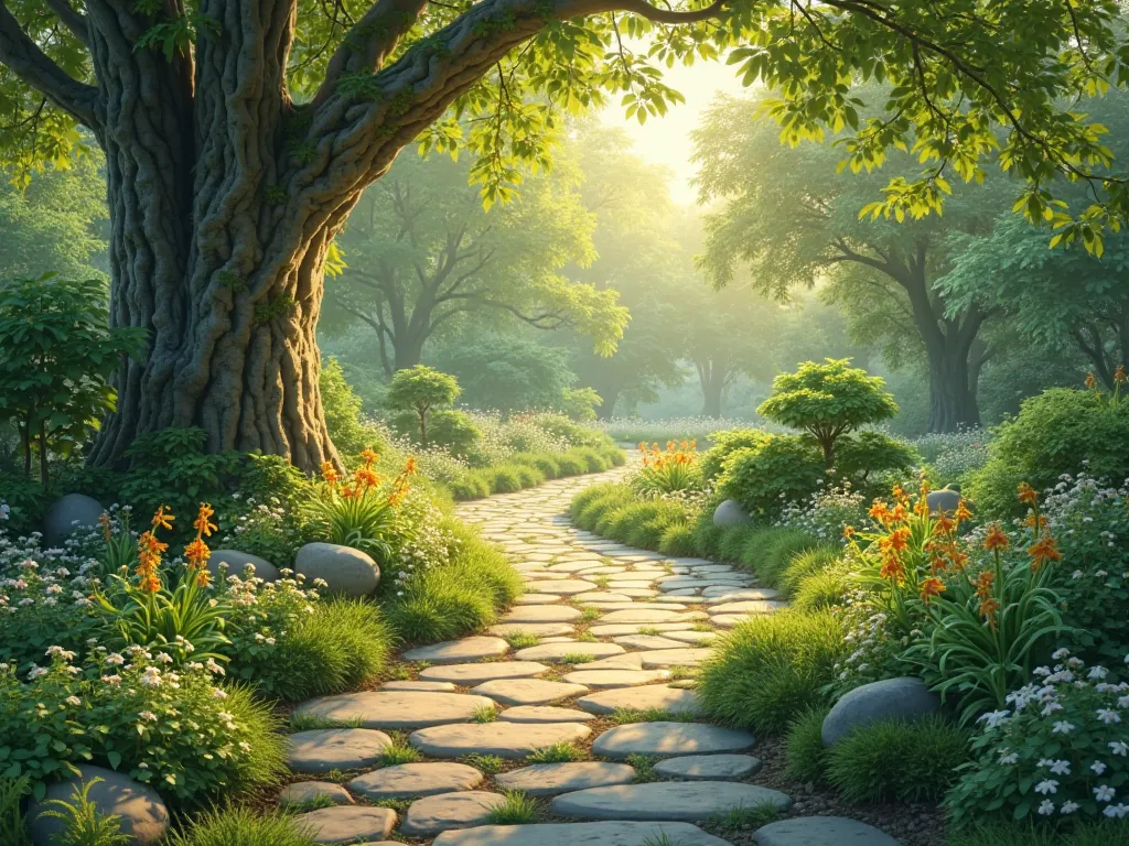 A close-up view of a stone pathway in a lush green garden, bathed in soft sunlight filtering through the trees.