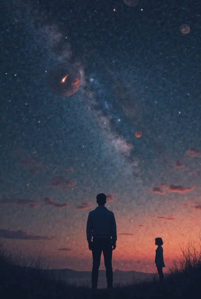 In the foreground, a guy stands with his back - a man. Far away, the silhouette of a girl is in the background - a girl hovers in space against the background of space and stars. Cametas - comets and other planets. The girl flies even higher! The girl says...