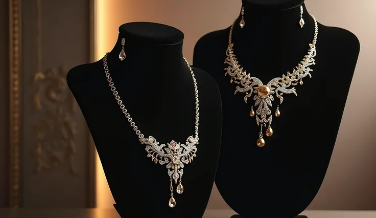 create luxury jewelry, she is in a showcase black velvet bust, the jewelry is a necklace and a pair of shiny earrings
