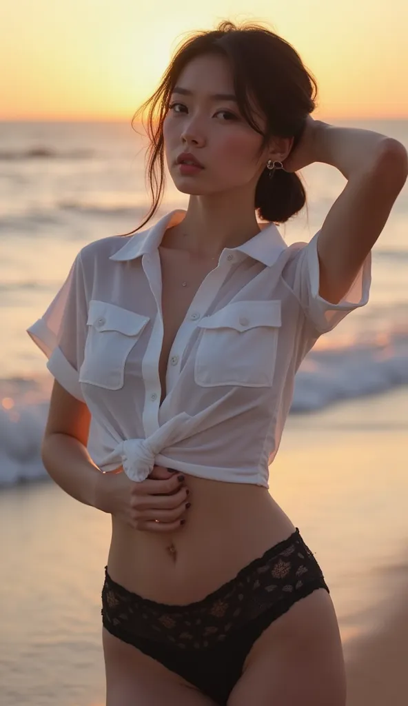 日本人のwoman、美しいモデルのwoman、 thin breasts、   small breasts、  full body view、日本人woman、Age: 25、 slim figure、slim body、Small Bust、 A cup bust、 black hair、short ponytail, woman(( white shirt), (  buttoned shirt  ), (  button gap  )), I'm wearing a see-through white...