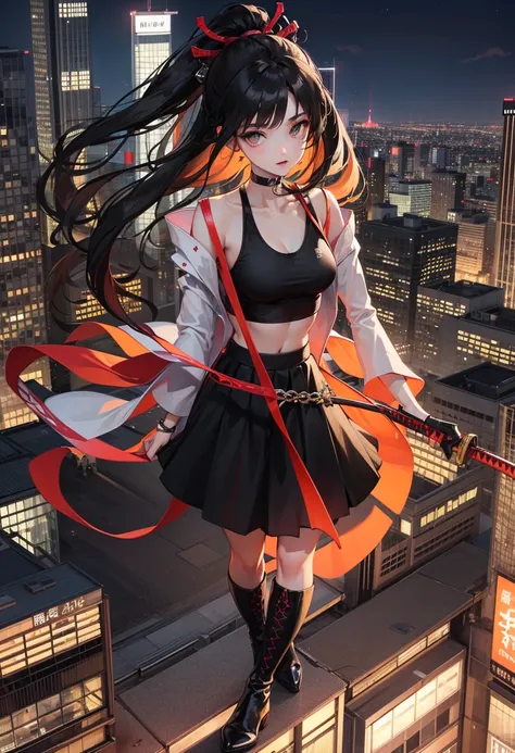 Japanese woman, long black hair. wear crop black spaghetti tanktop and gothic harajuku short skirt, long black glove, black boots and holding black katana. City night background
