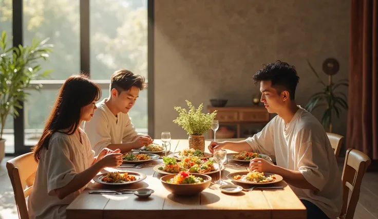 Dining table with food on the table, In the house,Beautiful, minimal , Thai food, 3 people sitting and eating