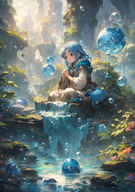 nature and water ,  Creature, Blue Haired Girl Praying,  Anime Fantasy Illustrations ,  anime fantasy art , Beautiful Fantasy Anime, Bubble