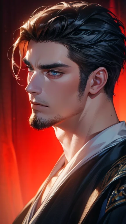 (    better quality,4K,8k,     highres,    masterpiece :1.2),     ultra-detailed    ,(Realistic,photoRealistic,photo-Realistic:1.37),36-year-old man,3 day beard,Beautiful anime,Portraits,strong,masculine,      with black hair  ,sharp jaw,         mesmerizi...