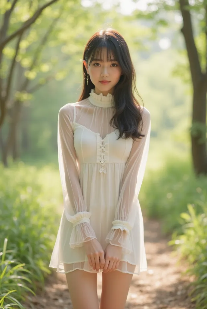 Photorealistic，Ultra high definition，Highest quality，Best Quality，8k，RAW Photos，Super detailed，Ultra-high resolution，(Amazingly cute Japanese real girl)，whole body，1 person，Facing forward，Early morning in the forest，Bright sunlight pours in，Backlight，White...