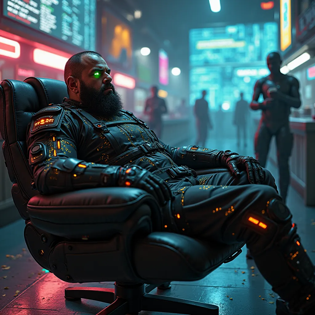 A thick-bodied, heavy cyberpunk hacker leans back in a reinforced, high-tech chair inside a dimly lit neon lounge. His large stomach presses against the straps of his futuristic, glowing harness, designed to support his weight while integrating seamlessly ...