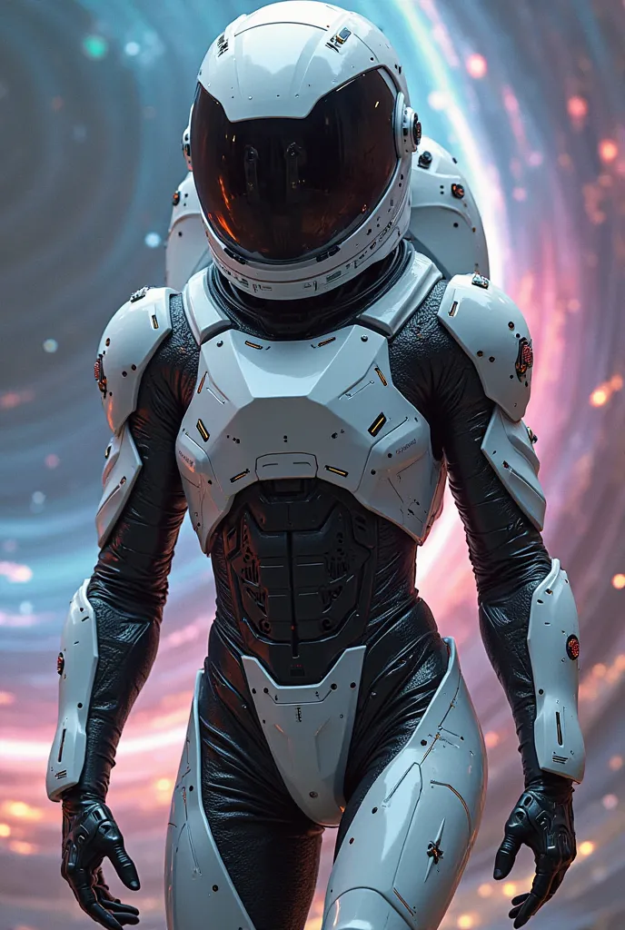 makes a man in a very advanced astronaut outfit from the future with white and black stud