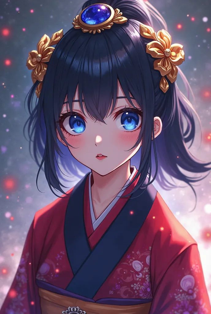 A girl from anime hunter x hunter, she's wearing a red and dark purple kimono, her eyes are lazuli and her hair is Black and decorated with golden hair ornaments and in the middle of her crown is a lapis lazuli jewel, her skin is white and she is put a sof...