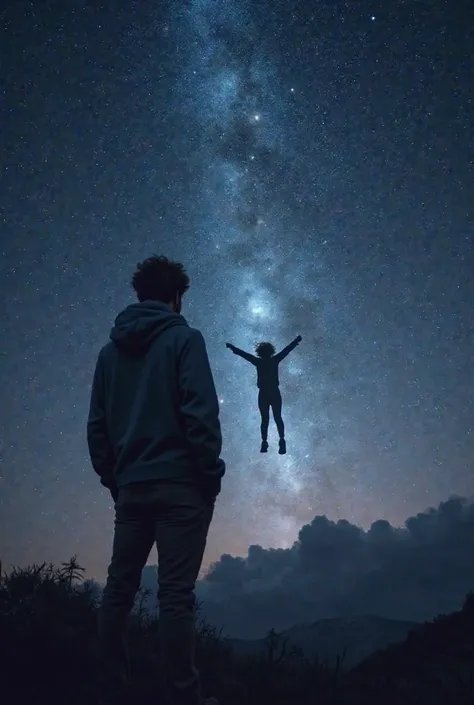 In the foreground, a guy stands with his back - a man. Far in the background is the silhouette of a girl - a girl hovers in space against the background of space and stars. Cametas - comets and other planets. The girl flies even higher! The girl says goodb...