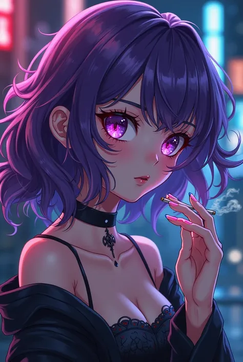 A anima girl smoking an have neon eyes and purple hair