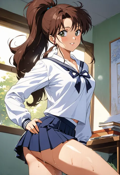 masterpiece, Best Quality, High resolution,16k,official art,super detailed skin,detailed,animated painting, (Makoto Kino),1990s \(style\),(highschool uniform,white long-sleave shirt,mini skirt:1.2)、(E-cup beautiful breasts)、clevage, (tall:1.2),height: 170c...