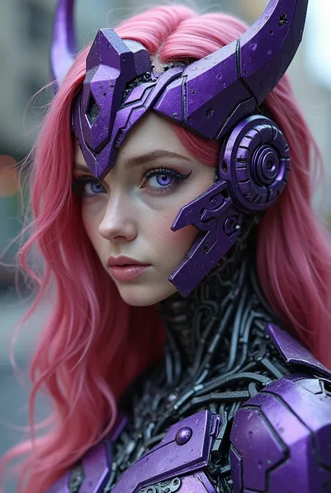 A purple Transformers Decepticon woman with black and white details, With a human face with 3-meter-tall, smooth red and purple hair and purple hair and purple eyes like that of a humanoid robot , Much like a pretty girl 