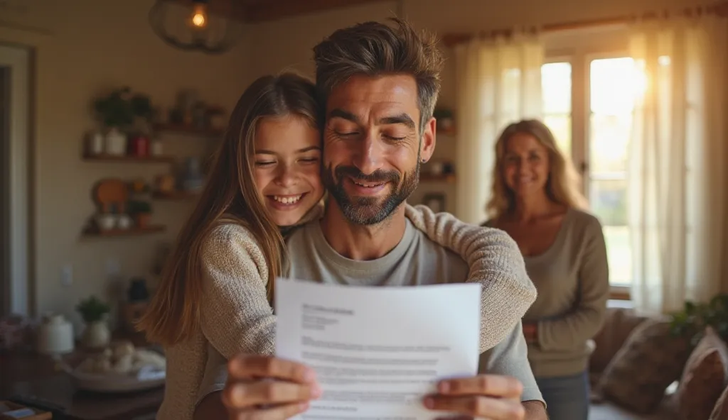 A single father holding an official job offer letter with an emotional expression. His daughter hugs him, looking happy and relieved. The wealthy woman stands nearby with a satisfied smile. The setting is still the modest home, but there’s a newfound sense...