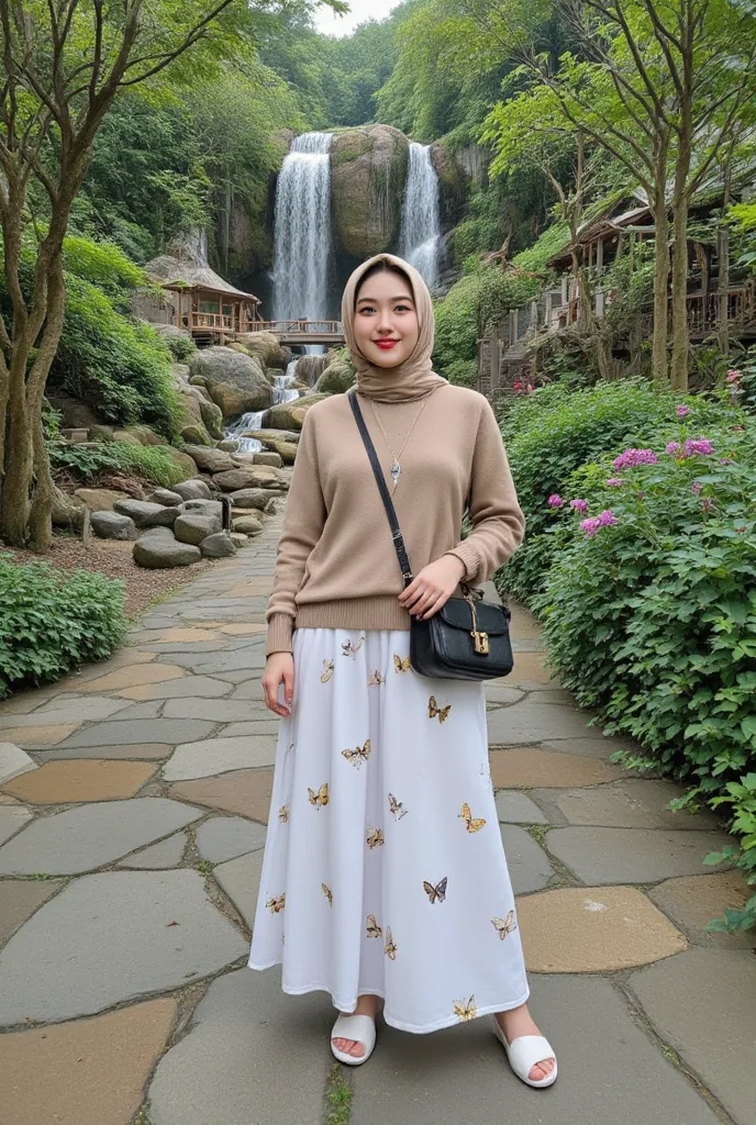 The image shows a person standing on a stone pathway surrounded by a serene natural setting. The individual is wearing a beige hijab pasmina slim body 20 years old korean style , a light brown sweater, and a long white skirt adorned with butterfly patterns...