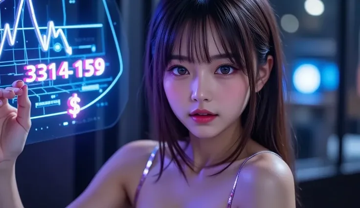 Create a high-quality, 16:9 aspect ratio image featuring a confident, stylish, and sexyly young woman in a futuristic setting. She is wearing a sleek, modern outfit with glowing neon accents (e.g., a crop top, leather pants, and high heels). The background...