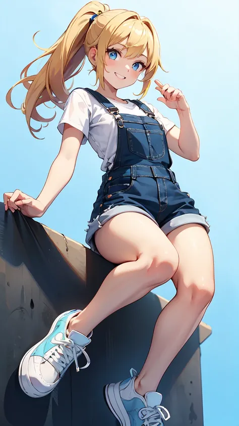 blonde perm ponytail、 blue eyes、wear a white ruffle short sleeve shirt underneath and roll up denim overalls on top。is wearing sneakers。Cheerful pose with your whole body in。smile。summer sunshine

Wear an anatomically correct, high detail, high definition ...