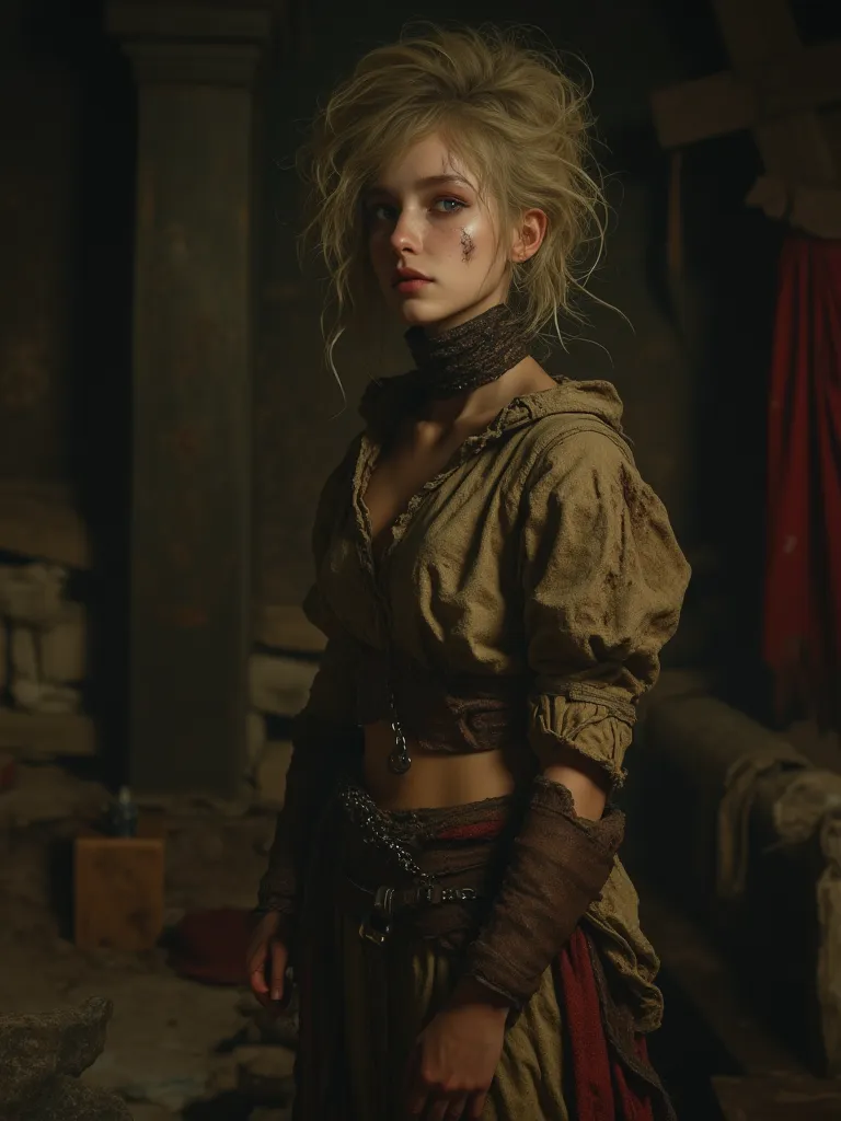 full shot of a slave woman, blonde long hair, worn out medieval clothes, collar with chain on her neck, dirty face and body, medieval room background, 8k, Masterpiece, dramatic lighting