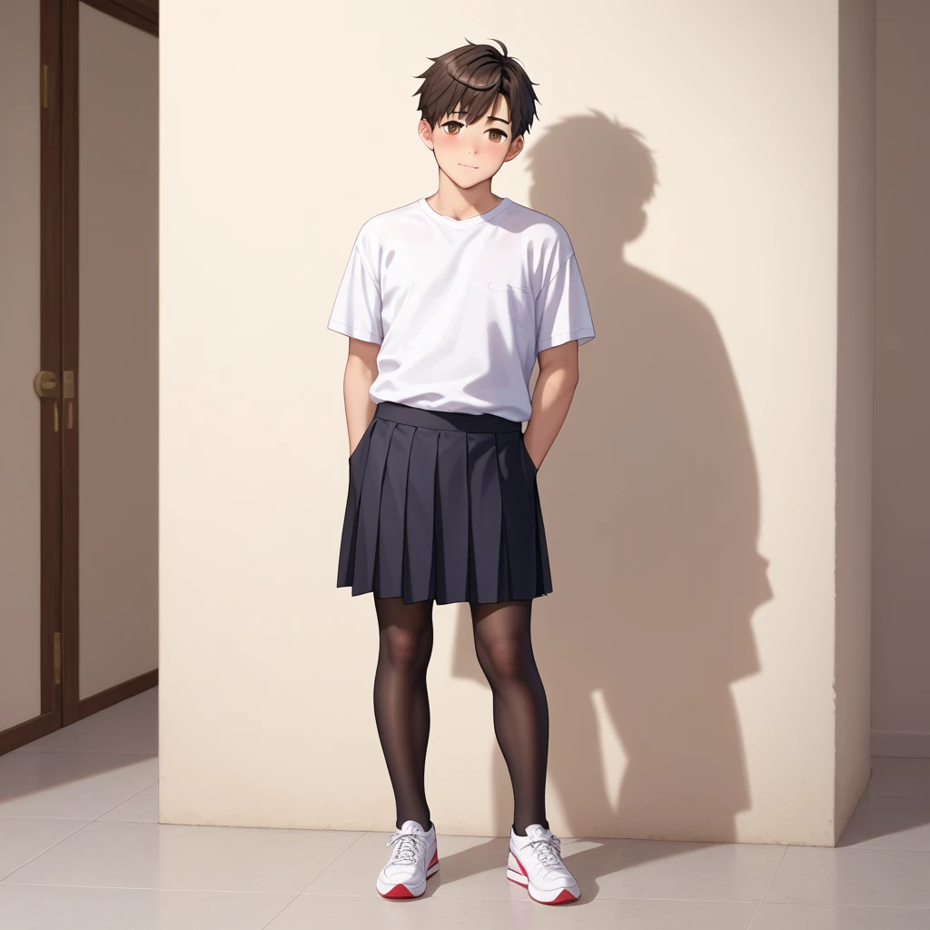 1 effeminate boy, (Fat:0.75), stands on his feet, very short male black hair,  brown eyes, white shirt, black tights, black skirt knee length,  white sneakers, shy,  decent