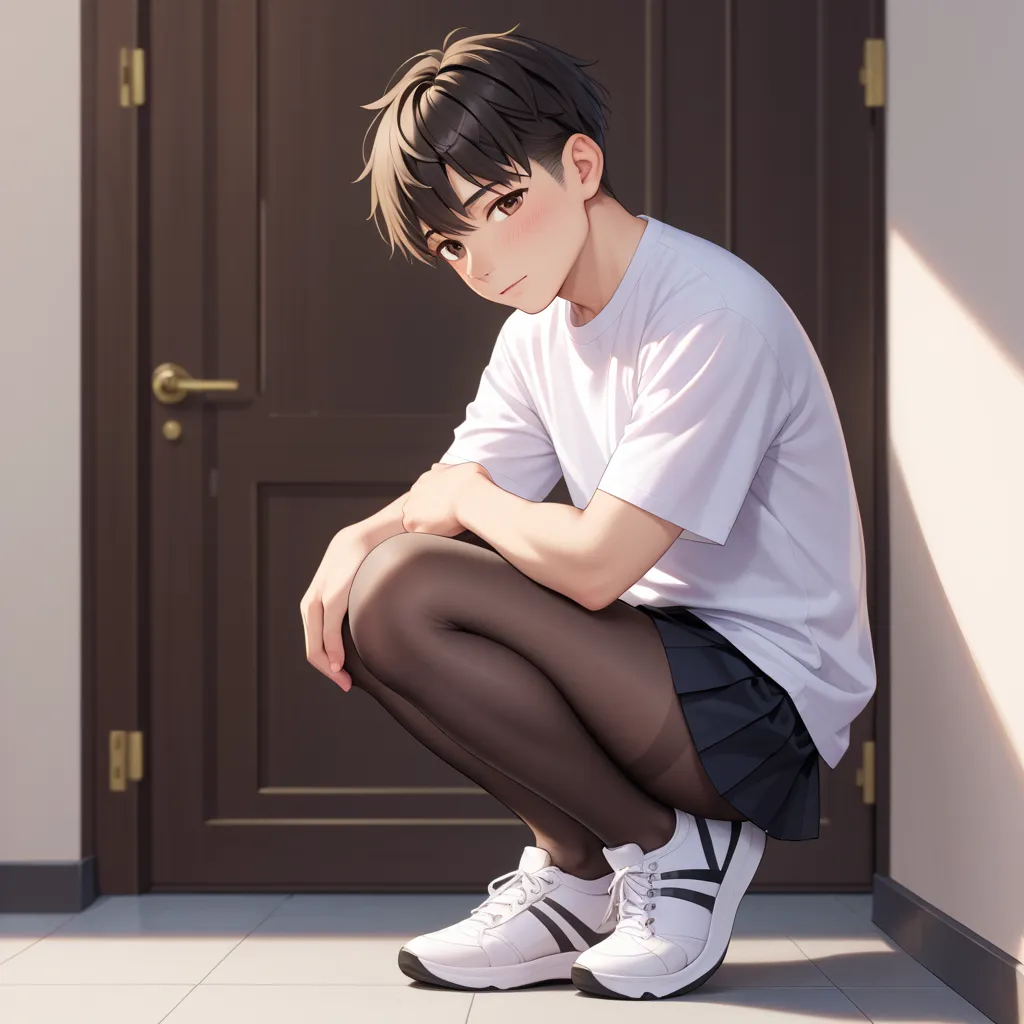 1 effeminate boy, (Fat:0.75), stands on his feet, very short male black hair,  brown eyes, white shirt, black tights, black skirt knee length,  white sneakers, shy,  decent