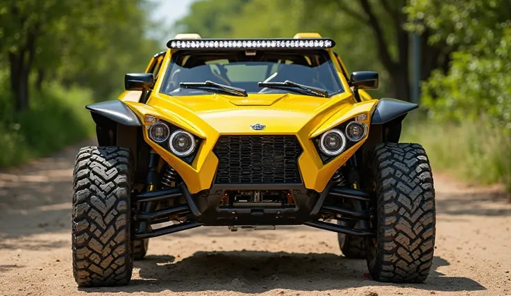 A high-quality, ultra-realistic image of a bright yellow dune buggy with a rugged design, black fender flares, and large off-road tires. The front features a modern grille with round LED headlights and additional LED strips. The glossy paint reflects sunli...