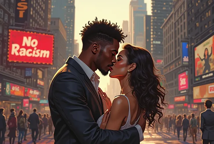 High Resolution, High Quality, High Detail, Masterpiece, Top Quality ,   (((( black young guy kiss white beautiful woman. )))) , (((( , NY 5th AVE. A huge sign with NORACISM written on it))))