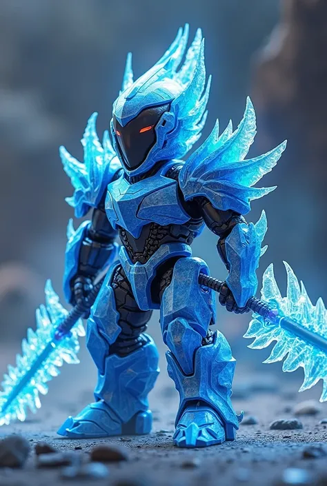 a close up of a video game with a robot on the screen, a screenshot by Robert Richenburg, tumblr, conceptual art, roblox screenshot, with leviathan axe, dual wielding two magical swords, ingame image, with huge rpg, dragon inspired blue armor, style of gho...