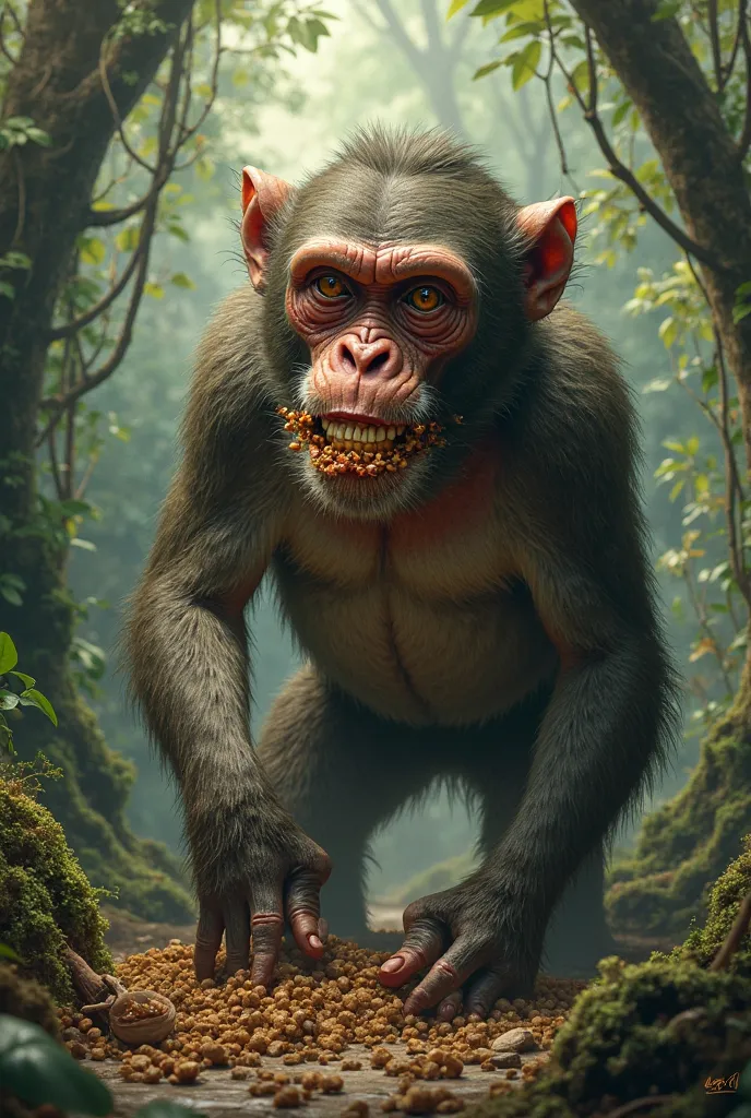 Monkey with a human face eating poop in the jungle