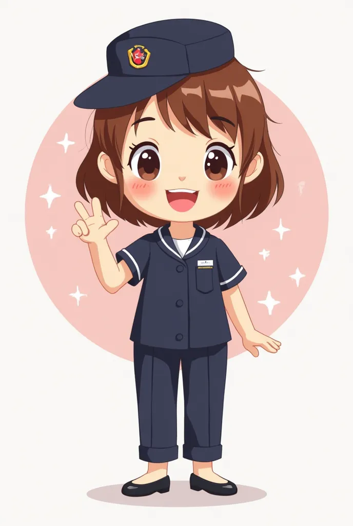 A cute cartoon style illustration of a brown-haired girl, wearing a dark blue short-sleeved uniform, featuring slacks and a cap, and black pumps. She has a cheerful expression, big eyes, and a wide smile. She raises her hand to form the letter OK. The back...