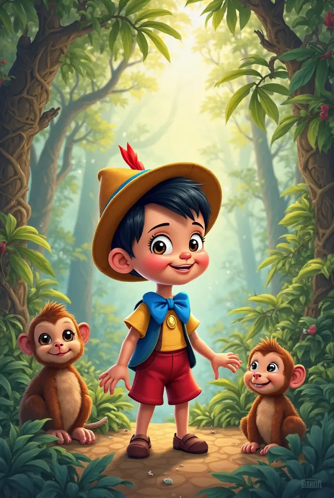 Disney style Pinocchio animated like a baby in the jungle with baby animals around 