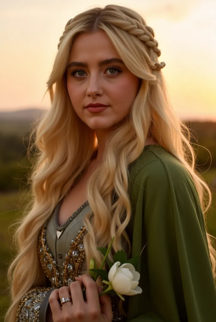 KATHRYN NEWTON Elf Warrior, Long wavy blonde hair,  holding a flower, green eyes, Gold and silver green cape, portraits, looking straight ahead,  a flower in her hair  ,a braid in your hair, beautiful landscape in the background,  sunset in the background 