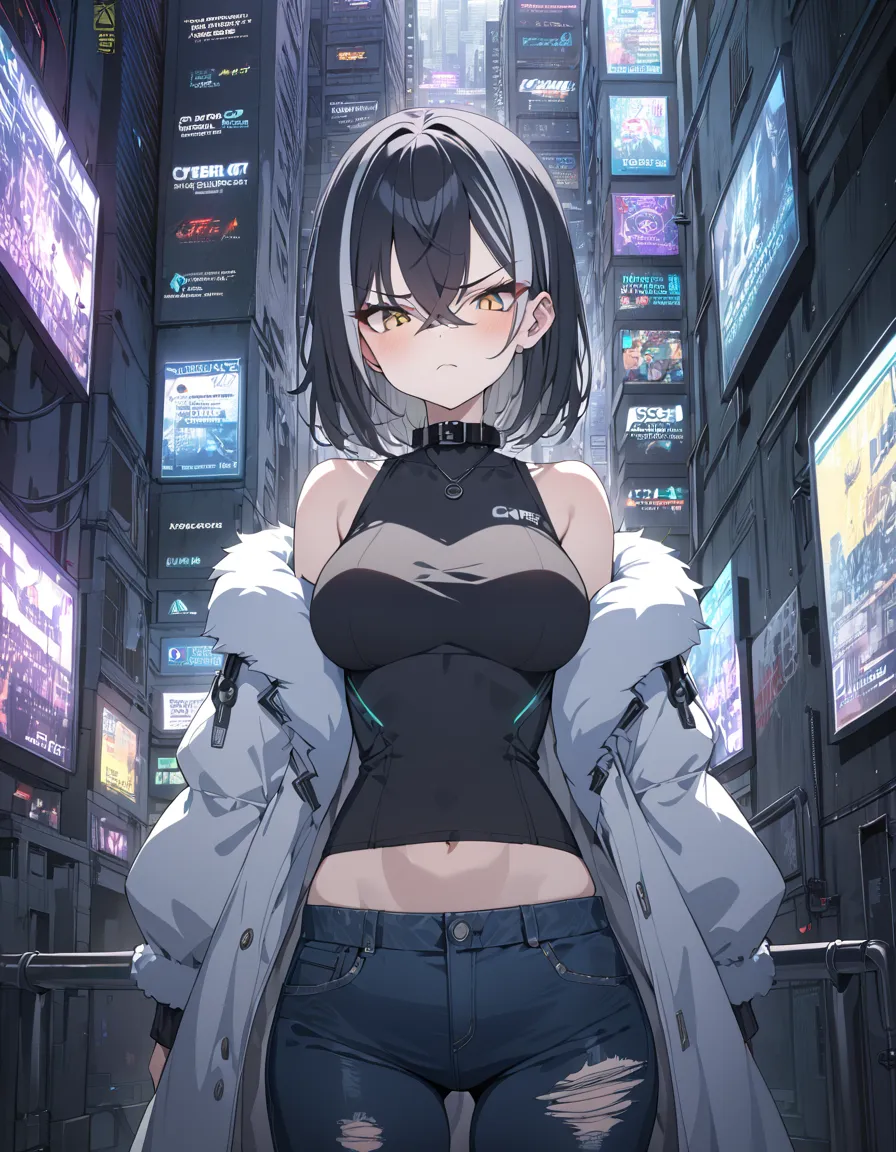 Highest quality, masterpiece,high resolution,1girl  ,alone,annoyed,gripping iron pipe,black hair, (highlights hair,gray  streaked hair),crossed bangs,((fur coat)),Black collar short sleeved shirt,ripped jeans,cyberpunk,Cybercity,cool,顔に汚れ,ボロボロの服