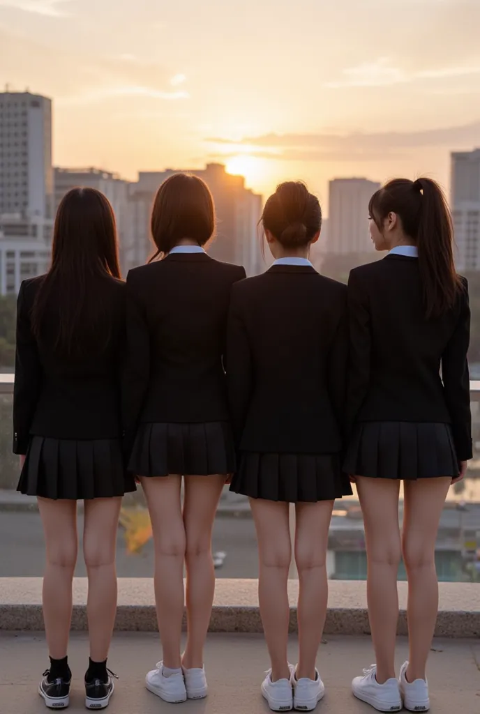 Four female girlband members wearing stylish campus uniforms, consisting of blazers, shirts, pleated skirts, and sneakers. They stand with their backs to the camera, facing a modern cityscape under a sunset sky. Two of them have sleek bob haircuts, while t...