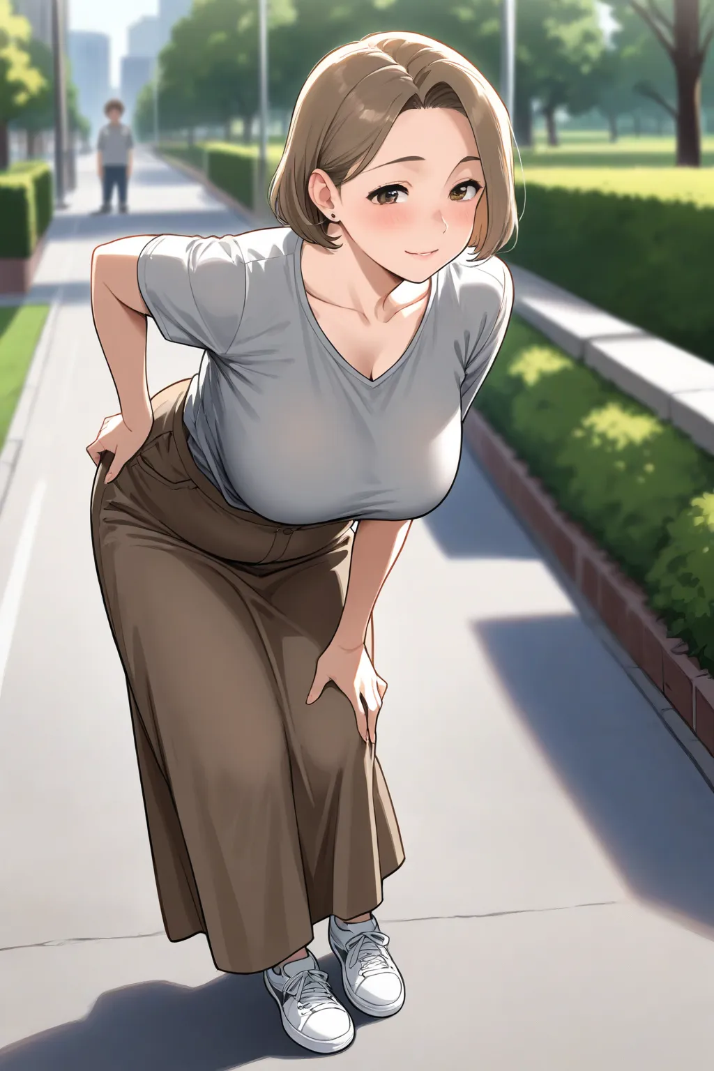 (High quality, 4K, Ultra-high resolution,High-definition illustrations, Masterpiece, extremely detailed), 1 girl, a little tall height, mature lady, mother, a little chubby body, small breast, light brown hair, short bob hair, brown eyes, loose gray t shir...