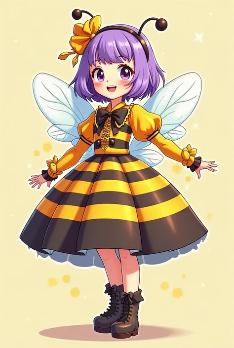 Purple short-haired girl in full bright bee theme dress. 3D gibi size without background