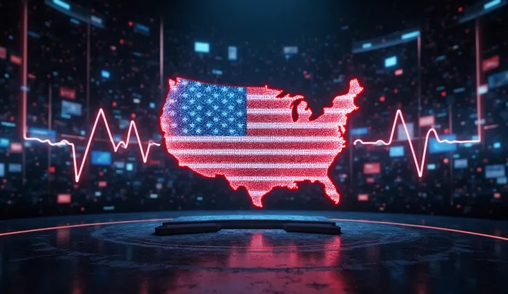  A powerful and visually striking representation of "American Pulse." The background features a glowing map of the United States with pulsating red, white, and blue lights, symbolizing the nation's heartbeat. A modern, high-tech news studio or digital land...