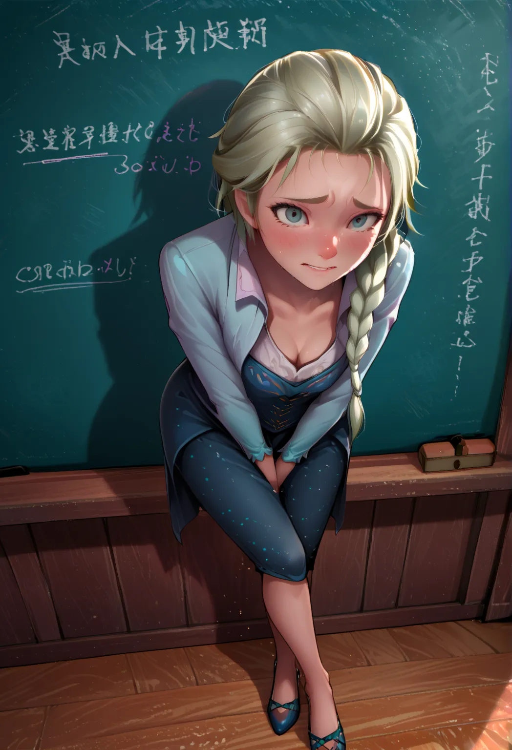 Score_9, Score_8_up, Score_7_up, Score_6_up, Score_5_up, Score_4_up, Source_anime, Tag1, (extremely detailed and high-quality illustration),(best lighting and shadow effects, ultra-realistic), young women, blue eyes, blond, straight hair, teacher, blackboa...