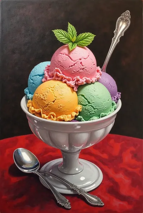 Could you please make an oil painting of an ice cream sundae with different color ice cream scoops and mint leaves on top. I need the bowl that the sundae is in to be very detailed and ceramic, I also need there to be very fancy spoons with the sundae. Thi...