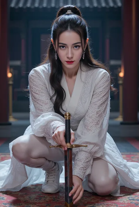 A battle scene in which a female white ninja lands、Place one hand on the floor and hold the wuxia long sword horizontally in front of your face.、Intricate chain mail that fits the body perfectly、sexy， Serious Eyes、Low fighting stance、surrounded by the empe...